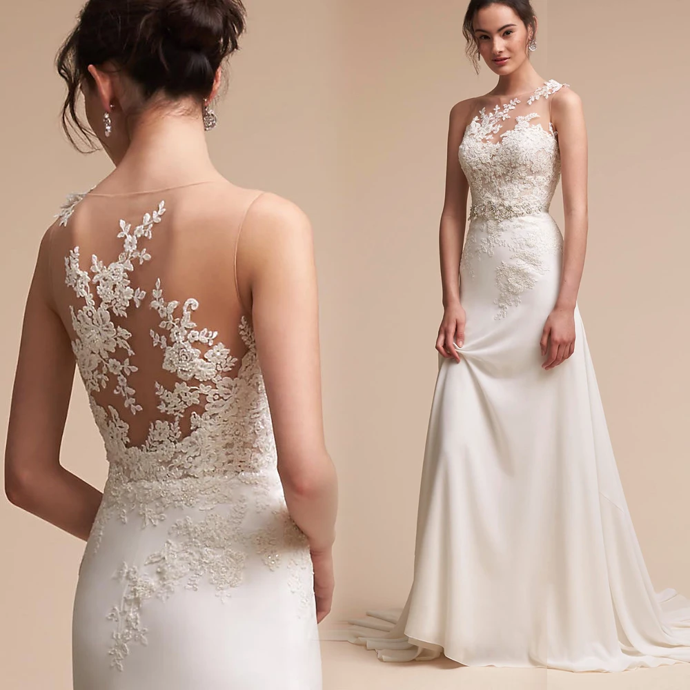 

White Ivory Sleeveless See Through Neck Appliqued Lace Wedding Dresses 2019 Mermaid Train Illusion bridal gown dress