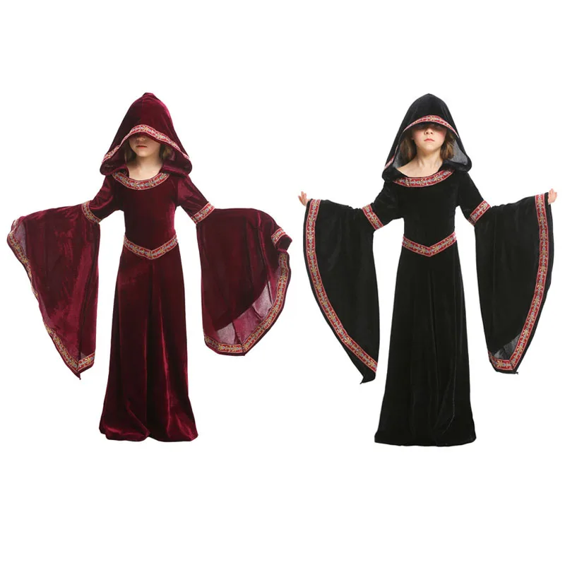 

H&ZY Kids Girls Medieval Renaissance Princess Queen Costume Hooded Gown Robe Maxi Dress Drap Sleeves Vampire Outfit Halloween