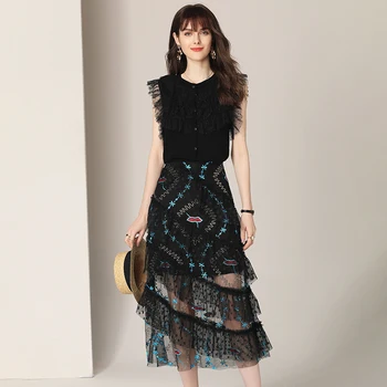 

Fashion 2020 Summer Office Lady Black 2 Piece Set Elegant Sleeveless Knitting Blouse+Embroidery Mesh Skirt Women Two Piece Sets