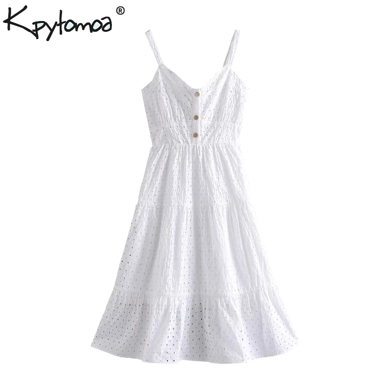 

Vintage Chic Embroidery Buttons Strap Midi Dress Women 2019 Fashion Sleeveless Backless Hollow Out Dresses Casual Vestidos Mujer