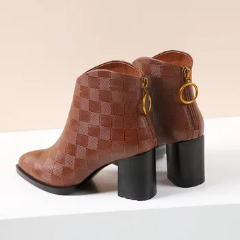 

MLJUESE 2019 women ankle boots cow leather winter short plush patchwork brown color high heels female boots size 34-42