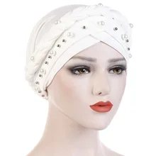 Для женщин молочного волокна сплошной цвет мусульманский толстый один Плетеный этнический тюрбан шляпа роскошный искусственный жемчуг блеск бисером выпадения волос че