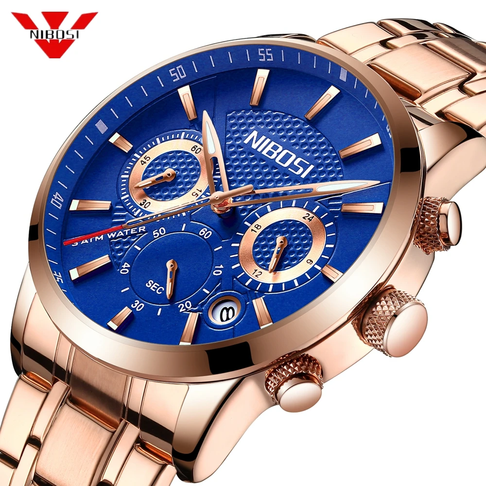 

NIBOSI Men's Quartz Watch Men Chronograph Waterproof 30m Date Display Clock Analog Rose Blue Sport Wristwatch Relogio Masculino