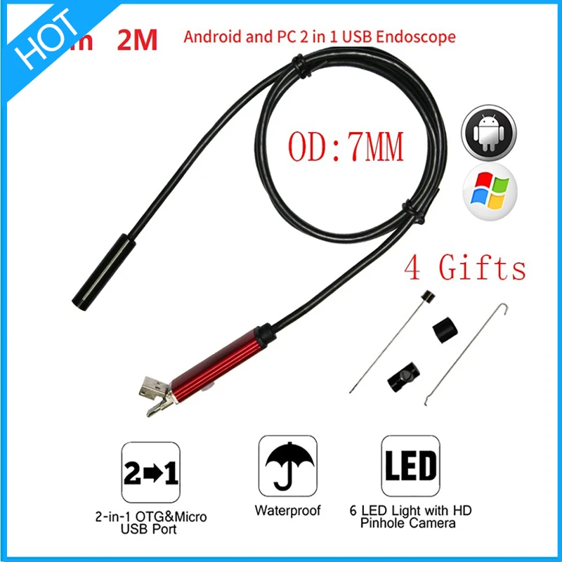720P HD 2M Cable IP67 Waterproof 7mm Micro Usb Android OTG PC Endoscope Camera Inspection Borescope Snake Tube Pipe IP Camera