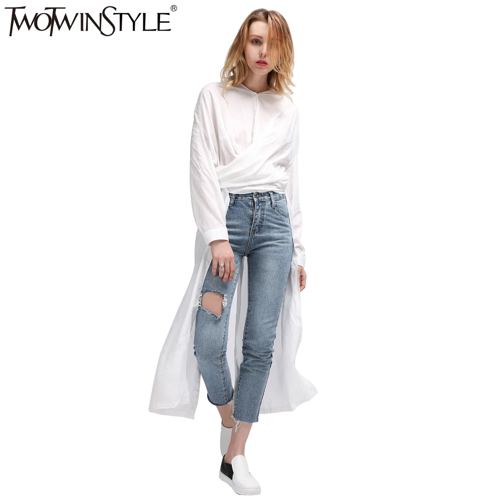 Tanie TWOTWINSTYLE Casual Midi Letnia Sukienka Sukienki Kobiet Top Z Długim Rękawem Bluzka damska Koszula Biały Czarny Nowości Koreański Duże Rozmiary