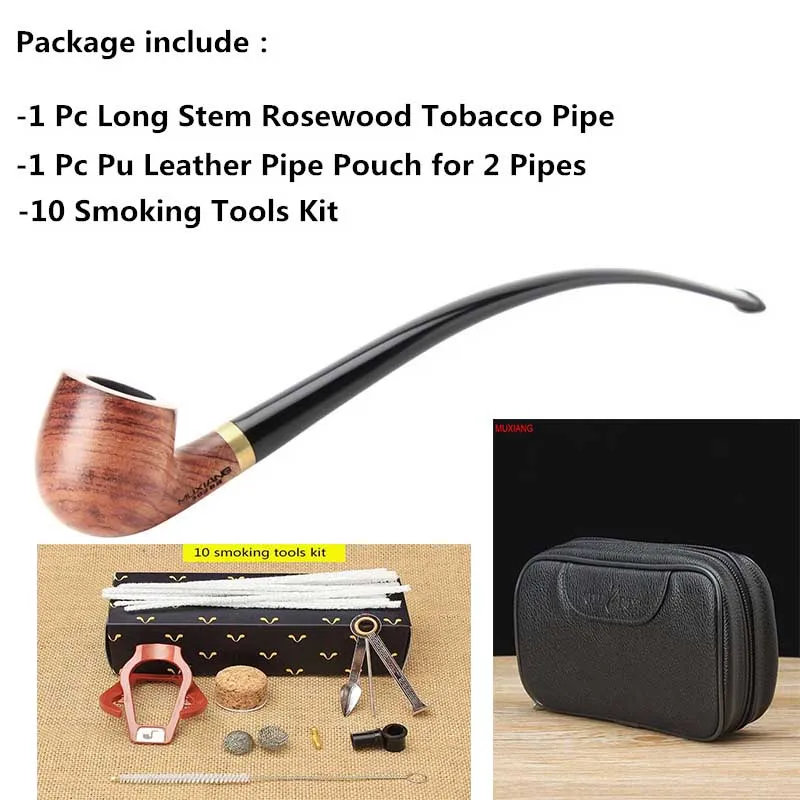 MUXIANG 10 Tools Kit Long Rosewood Reading Smoking Pipe for Beginner