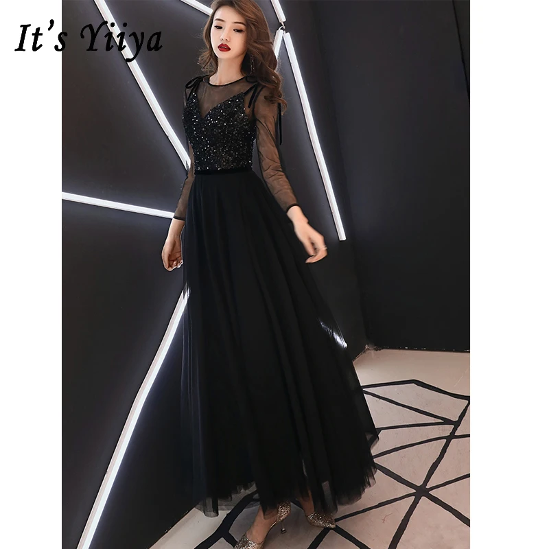 

Prom Dresses Full Sleeve Sequin V-neck Strap Long Dresses Voile Sleeve Women Party Night Vestidos De Gala Plus Size 2019 E453