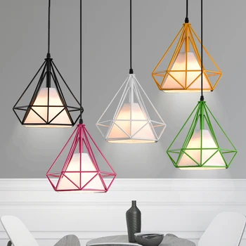 

Modern 6 Color Black Birdcage Pendant Lights Iron Minimalist Scandinavian Loft Pyramid Pendant Lamps Metal Cage with Led Bulb