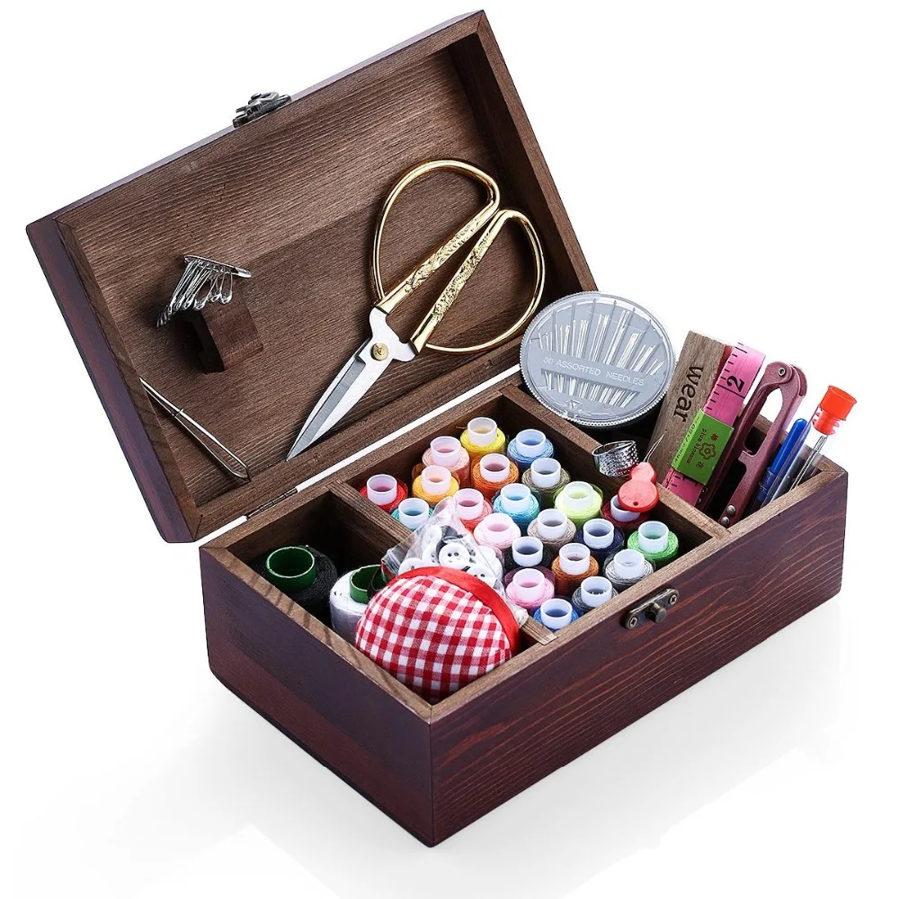 

Household Sewing Kit Accessories Organizer Wooden Storage Box Portable Mini Travel Household Sewing Box Set