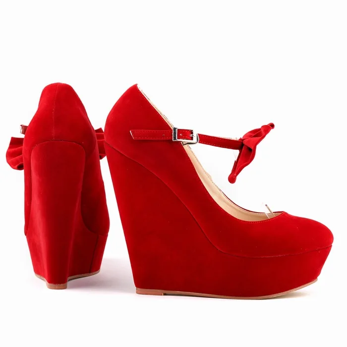 Женские туфли-лодочки; женские туфли на высоком каблуке 14 см; клинья флок; свадебные модельные туфли с острым носком и бантом на День святого Валентина