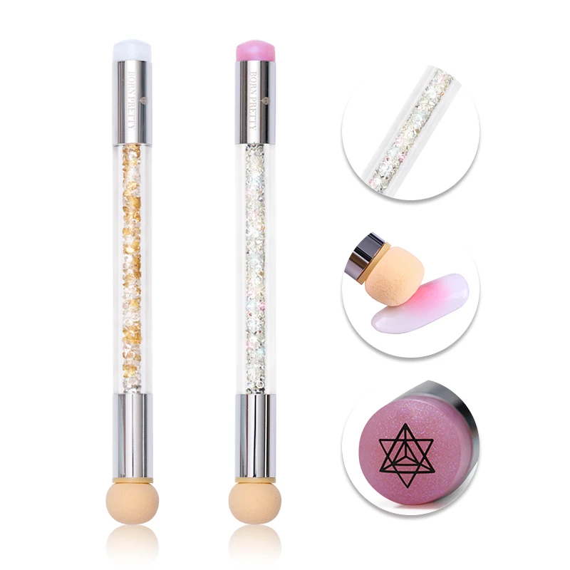 

BORN PRETTY 1 PC Dual-ended Gradient Nail Brush Stamper Sponge Head Rhinestone Handle Brush Blossom UV Gel Pen Nail Art Tool