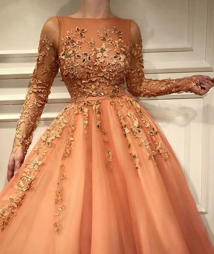US $73.92 Orange Muslim Evening Dresses Plus Size Scoop Neckline Long Sleeves Evening Gown Lace Beaded Tulle ALine Formal Party Dress