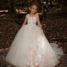 Элегантное Белое фатиновое бальное платье со шлейфом; платье с цветочным узором для девочек; платье для первого причастия с бабочками для девочек; детское пышное свадебное платье