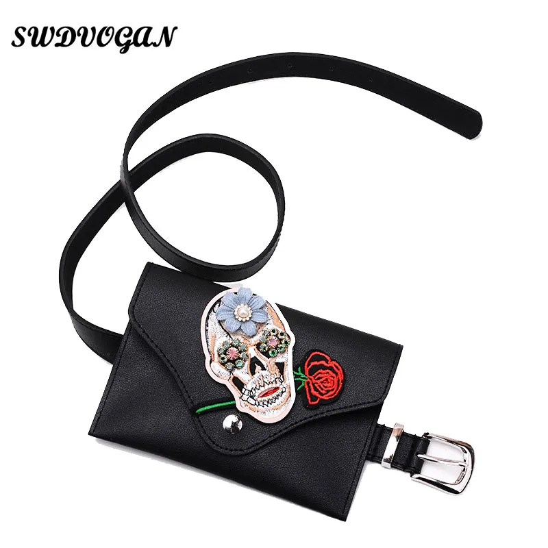 

Fashion Flower Skeleton Women Belt Bag Fanny Packs Leather Waist Bag Money Phone Pouch Shoulder Bags Female Bum Bag Bolsos Mujer