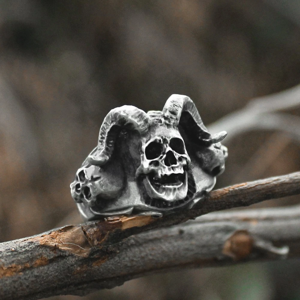 

Men Vintage Cross Azazel Satanic Skull Rings Punk Gothic Devil Stainless Steel Ring Biker Jewelry