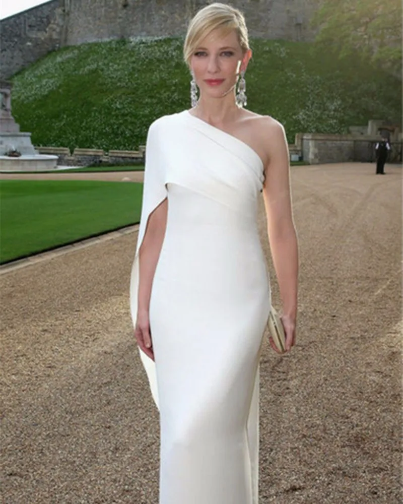 

Elegant White Satin Mermaid Celebrity Dresses Pleat One Shoulder Floor Length Long Evening Dress vestido de festa