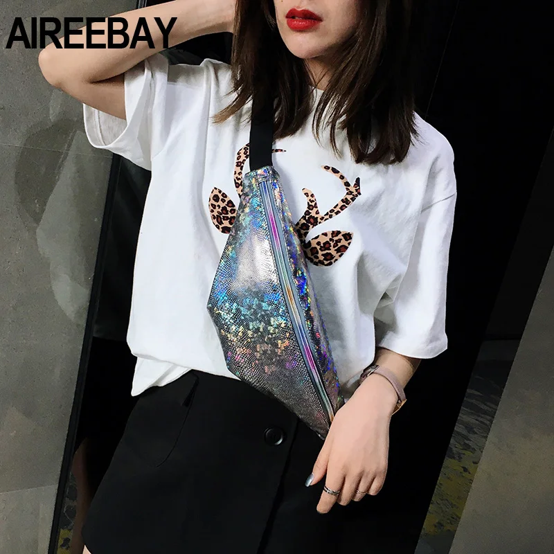 AIREEBAY الخصر أكياس المرأة البسيطة الوردي حزمة مراوح الإناث الفضة حقيبة بحزام المجسم الخصر حزم الليزر السفر محفظة تربط حول الخصر للفتيات