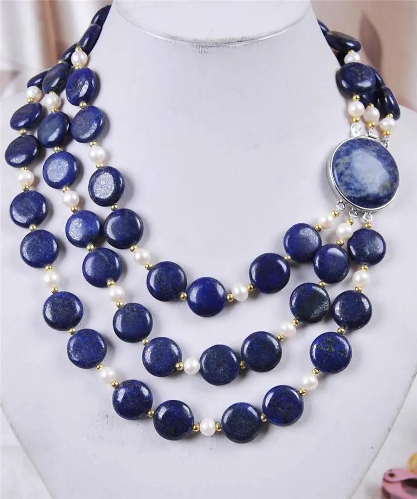 

wholesale Natural 3Rows White Akoya Cultured Pearl & Coin Lapis Lazuli Necklace 18-20