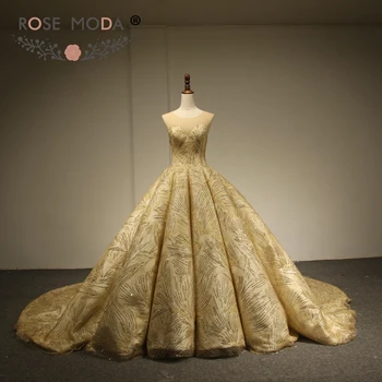 شراءRose Moda فاخر الذهب شبكة لامعة الزفاف الكرة ثوب 2019 س الرقبة بلينغ التصوير فساتين زفاف دانتيل حتى الظهر