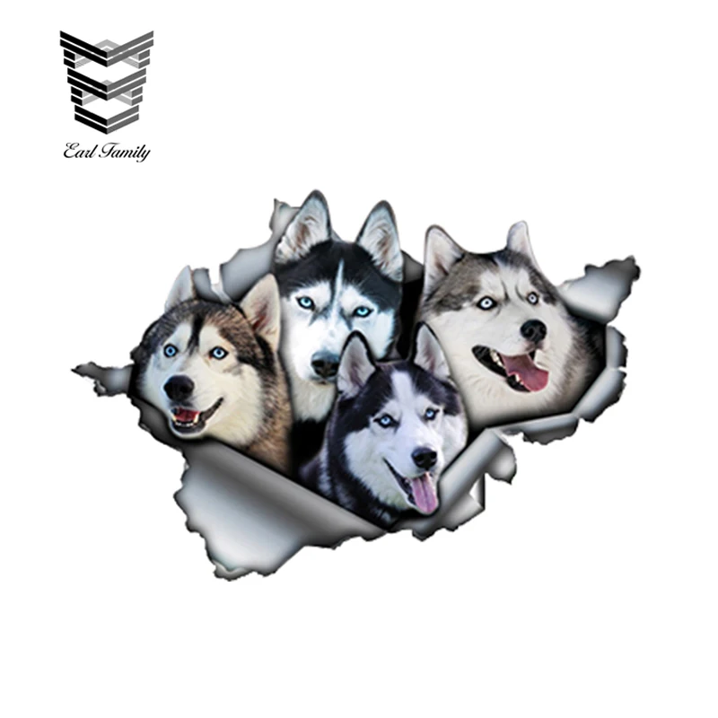 

EARLFAMILY 13cm x 8.9cm Funny Huskies Car Sticker Torn Metal Decal Reflective Stickers Waterproof 3D Car Styling Pet Dog Decals