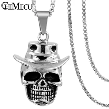 

CHIMDOU hiphop rock pendant stree-boy jewelry,stainless steel Western Cowboy Hat Skull Necklace Mens Accessory,skalle halsband