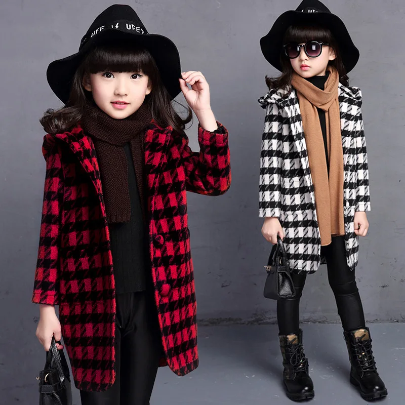 5T 14T Children's Clothing Coat Hoodied Plaid Woolen Overcoat Girl