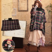 Autumn Winter Sweet Loose Plaid Hooded Coat Women Mori Girl Cute Kawaii Vintage Elegant Plaid Floral Appliques Tartan Coat A034