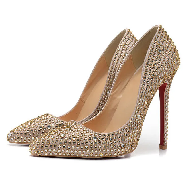 Top Quality Women's Golden Diamond Heel Pumps Wedding Shoes Lady