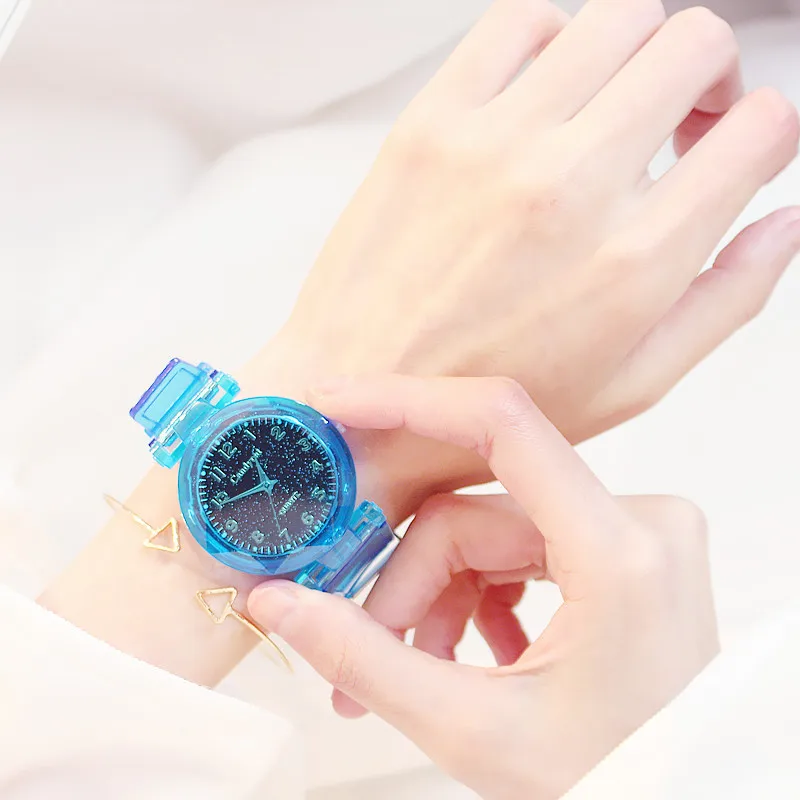 Новые модные детские часы конфетного цвета, прозрачные часы для девушек, наручные часы, часы Звездное небо, Студенческие Кварцевые часы