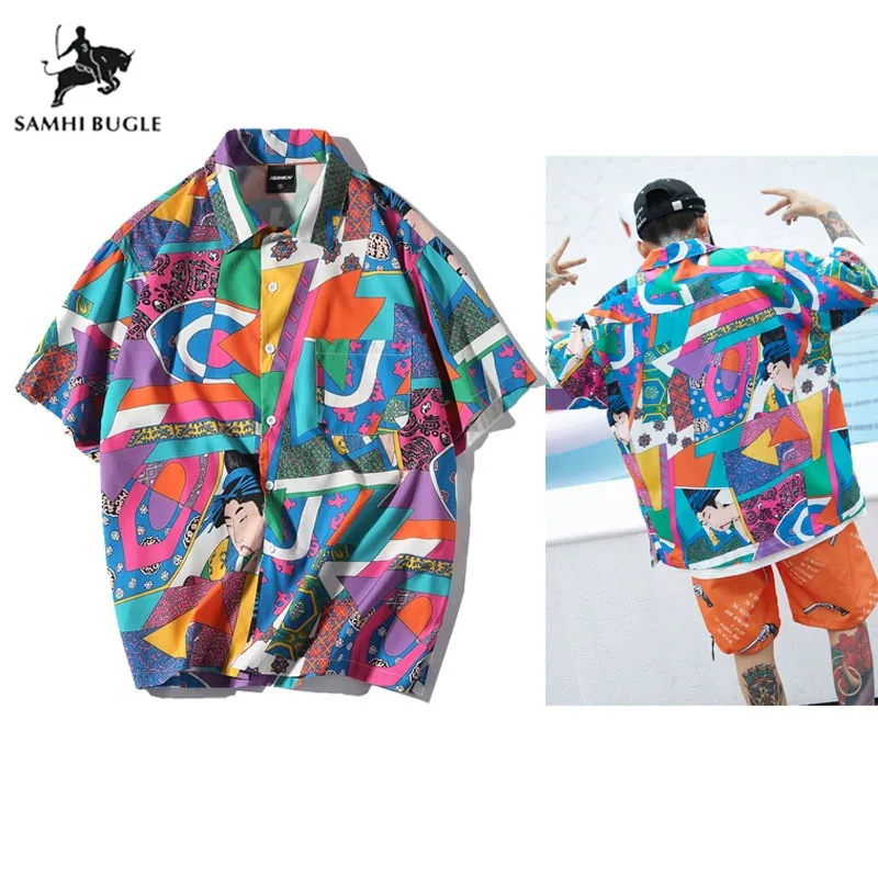 

Men Loose Hip Hop Shirt Harajuku Japanese Ukiyo E Anime Shirt Short Sleeve Top Hawaiian Shirt Casual Streetwear Thin Summer 2019
