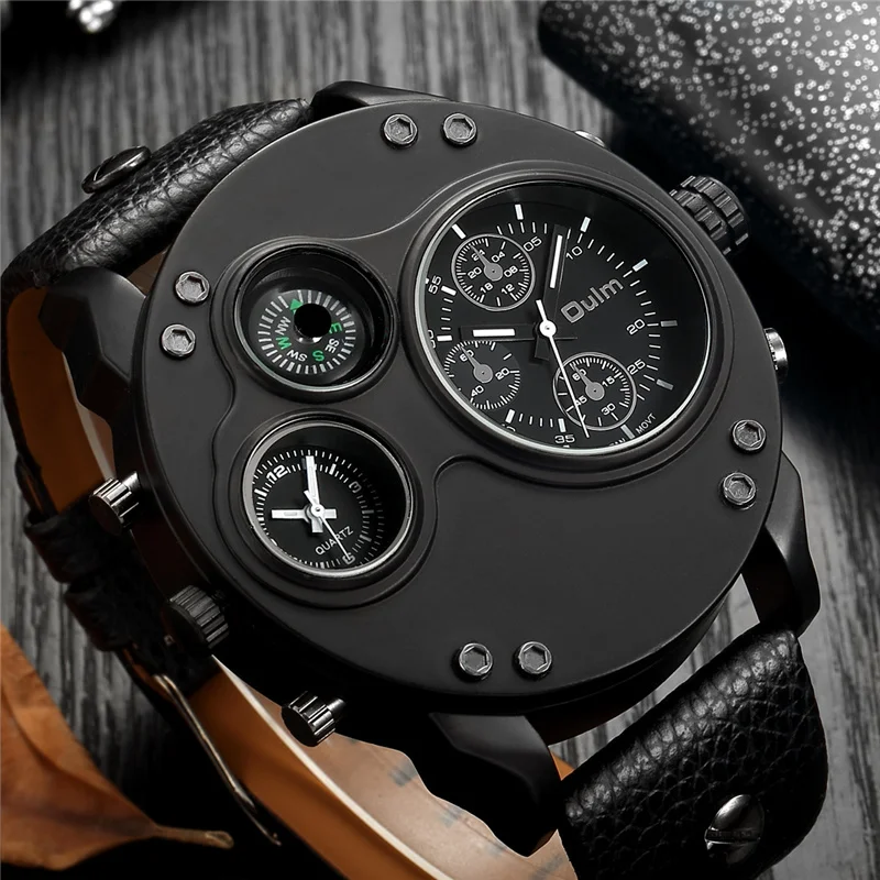 Oulm New Fashion Two Time Zone Wristwatch Big Size Genuine Leather Men's Watches LED Radar Style Male Quartz Watch