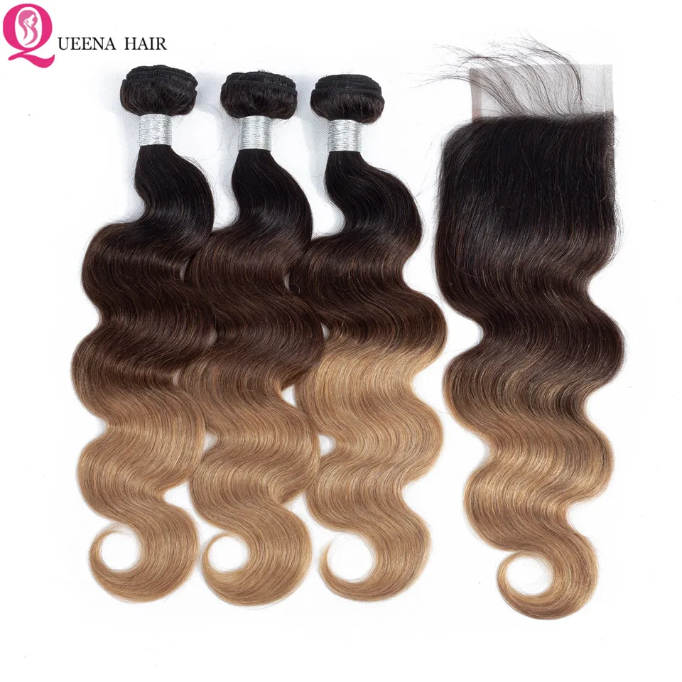 

Peruvian Body Wave Ombre Hair Bundles With Closure Remy 1B/4/27 Colored Ombre Human Hair 3 Bundles Deals With Closure Baby Hair