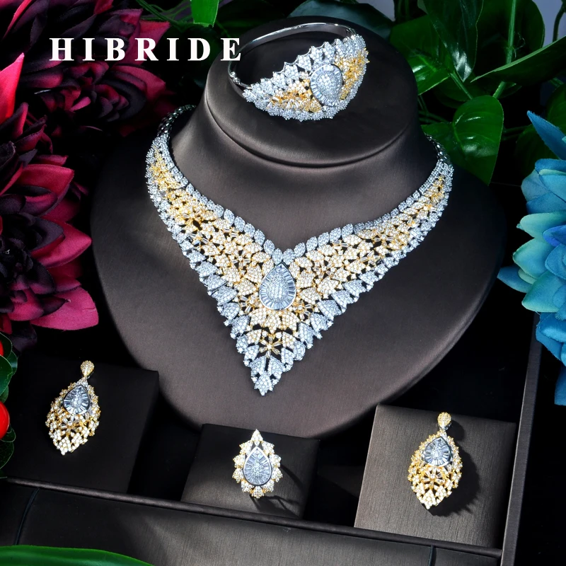 

HIBRIDE Big Famous Luxury Jewelry Cubic Zircon 4 pcs Wedding Bridal Jewelry Set Copper Dubai Jewelry For Ladies N-858