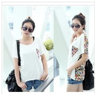 Free shipping 2013 summer mm plus size pocket print cotton 100% basic shirt loose t-shirt female short-sleeve 3604 | Женская одежда