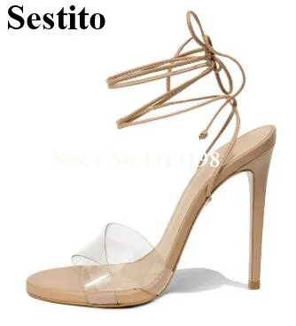 

European High heels Cross-tied PVC Casual Stiletto Heel Sandals Peep Toe Ankle Strap Summer Women Sandals Lace-up Women Shoes