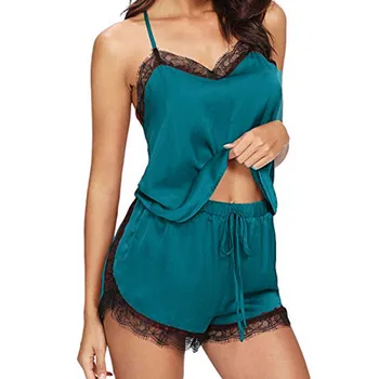 

Women Sleepwear Sleeveless Strap Nightwear Lace Trim Satin Cami Top Pajama Sets pijama mujer verano 2020