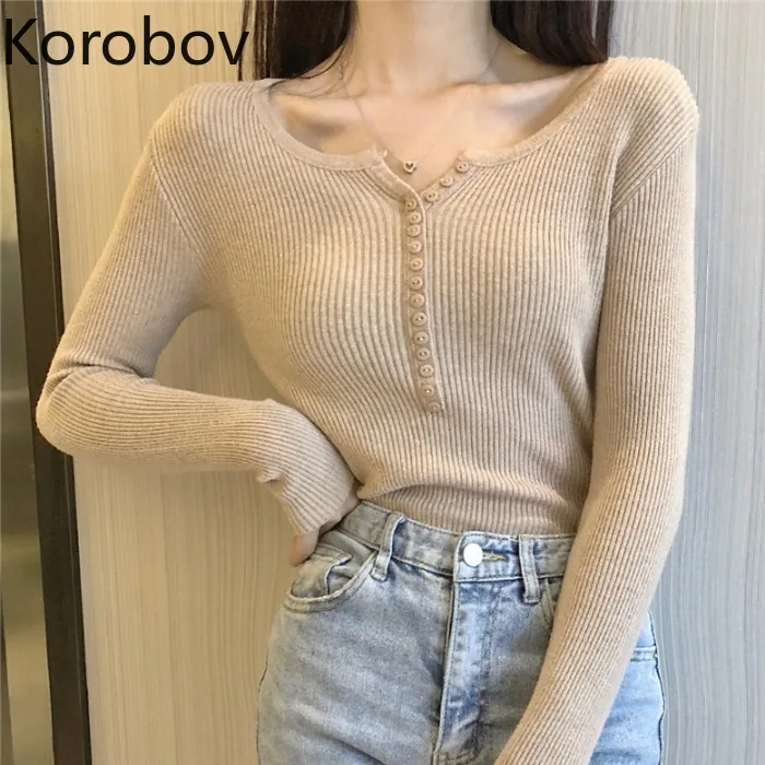 

Korobov Korean Solid Button Vintage Basic Sweater Knitwear O Neck New Arrival Sueter Mujer Sweaters Pullovers Female 78050
