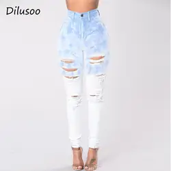 Dilusoo Для женщин джинсы брюки отверстия эластичные брюки карандаш 4 сезон брюки сине-белые джинсы с градиентом деним Высокая Талия