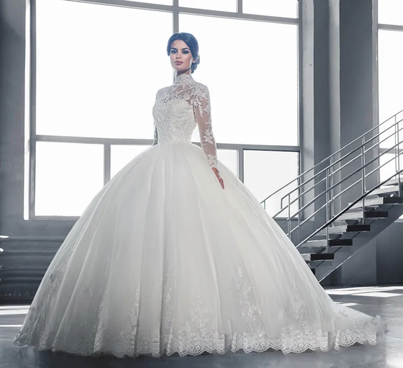 

Vestidos 2018 Vintage High Neck Lace Wedding Dress Long Sleeves Appliques Casamento Princess Bridal Dress robe de mariage