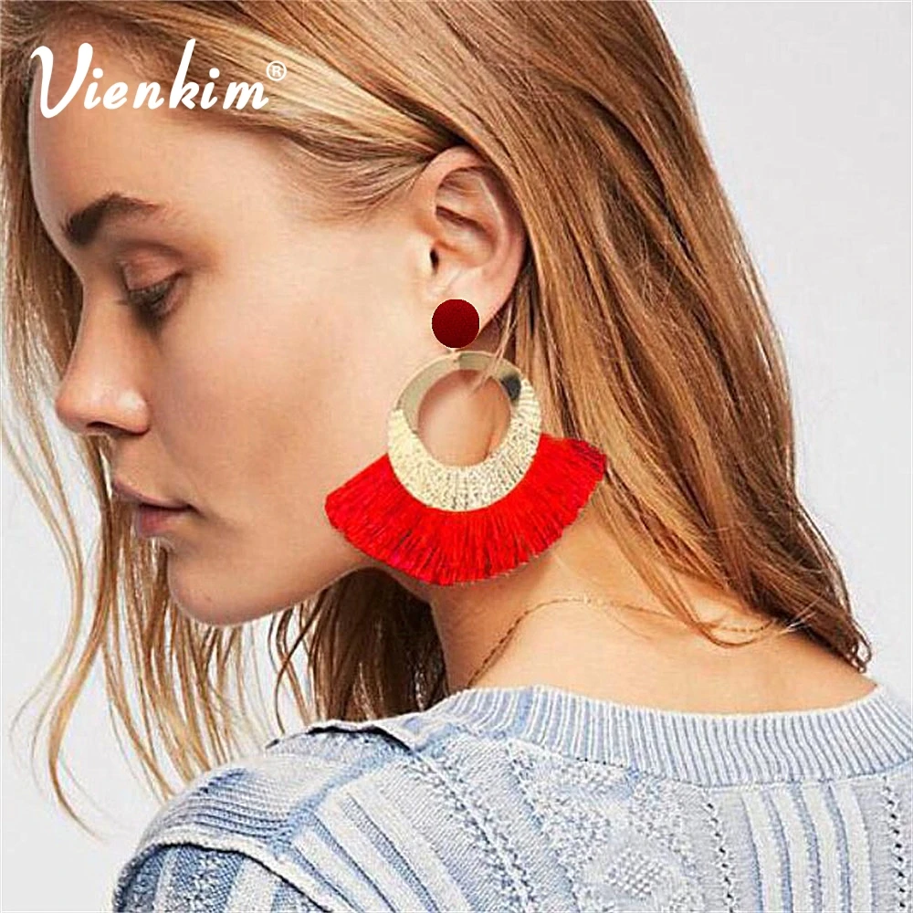 

Vienkim Geometric Round Fan Shape Big Tassel Earrings Boho Bohemian Wrinkle Silk Fabric Thread Drop Earring For Women Jewelry
