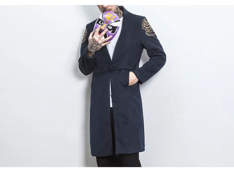 MR-DONOO Вышитое шерстяное пальто мужское в китайском стиле длинное Ретро шерстяное пальто Молодежный тренд стоячий воротник ветровка осень M903