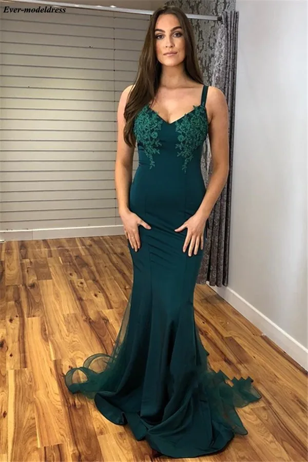 

Dark Green Evening Dresses 2019 Lace Appliques Backless Sweep Train Mermaid Formal Gowns Party Dresses Robe de soiree Plus Size