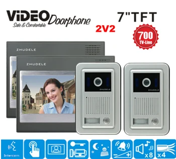 

ZHUDELE 7inch video door phone intercom IR Night Doorbell Camera and HandsFree Monitor Intercom Doorbell Open lock function 2v2