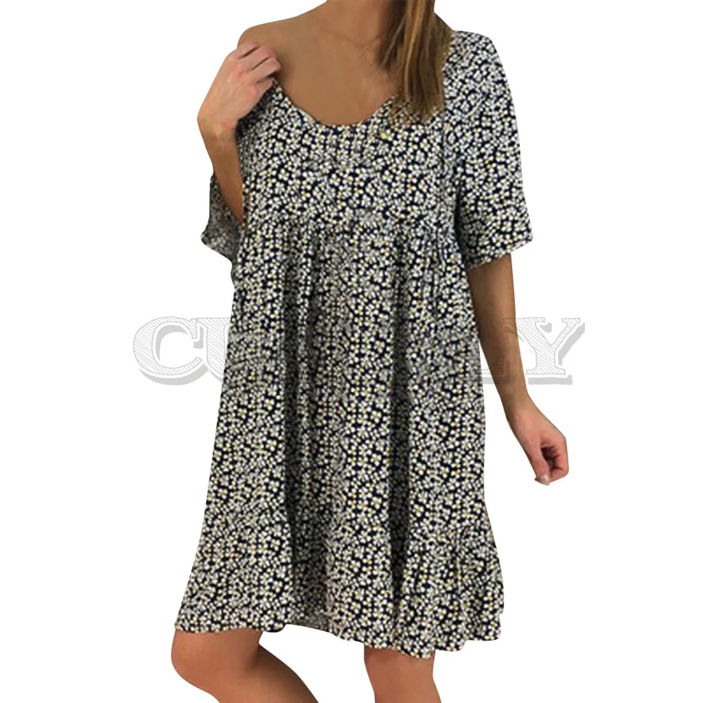 Image Cuerly 2019 Women Beach Dress Ladies Round Neck Ruffle Short Sleeve Print Chiffon Loose Dresses Plus Size Boho Lady Floral Dress