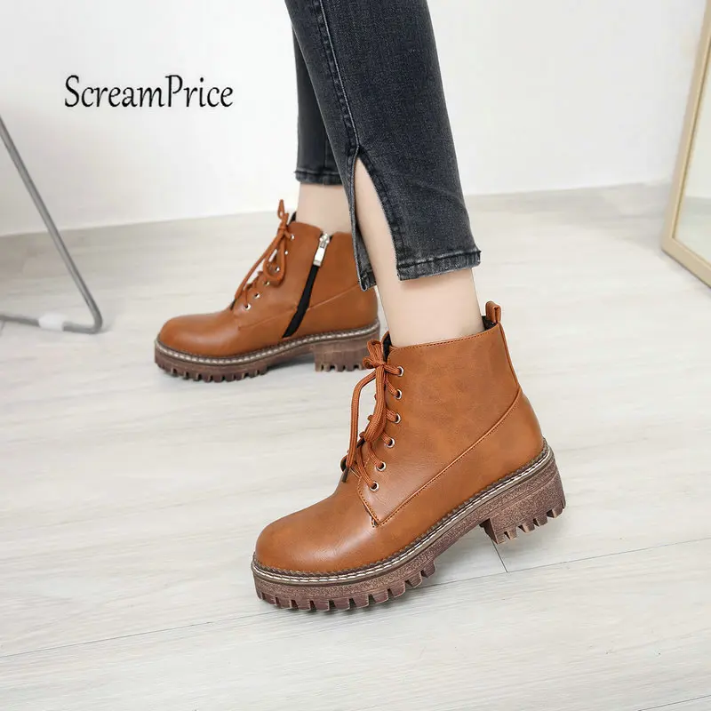 

Plus Size 43 Women's Martin Boots Thick High Heel Ankle Boots Zip Lace Up Winter Fashion Woman Shoes Khaki Black Yellow