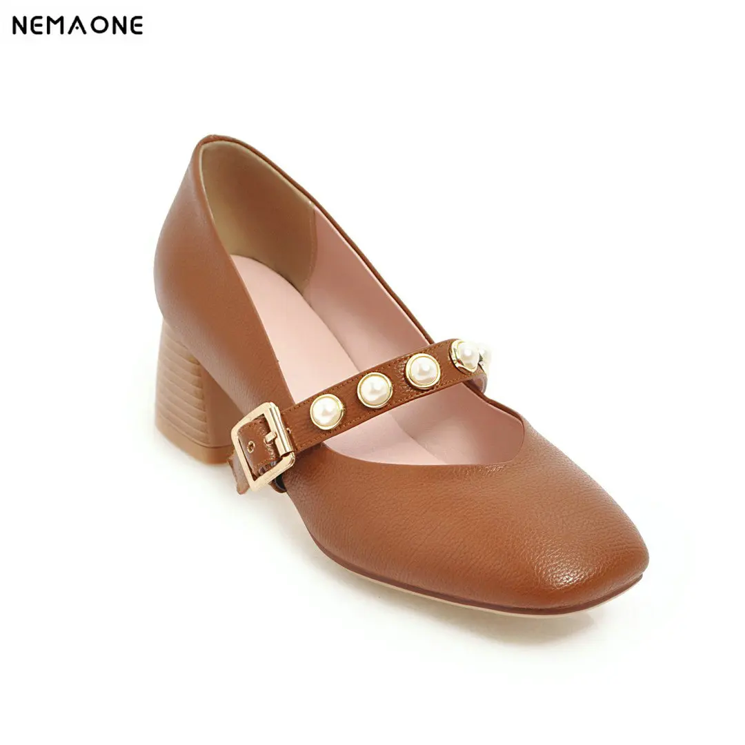 

New elegant pu leather women pumps thick high heels shoes square toe mary janes women wedding shoes