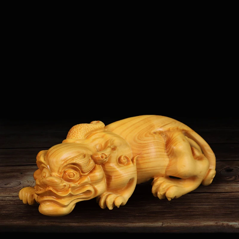 

10cm Wood ancient Chinese pixiu lion figurine pi xiusculpture feng shui kirin statues wood Articles sculpture Furn home Kylin