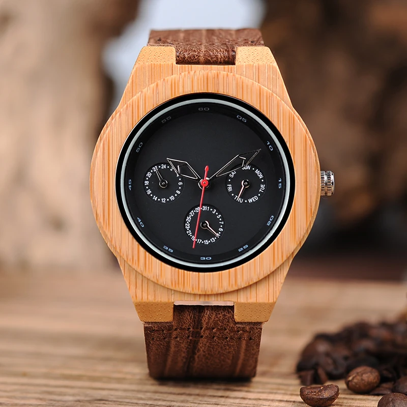 BOBO BIRD H28 Mens Wooden Bamboo Watch with Leather Band 3ATM Water Resistant Wristwatch Timepiece for Mens Womens in Box