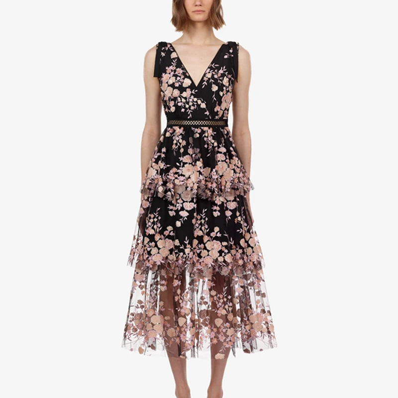 

2019 Self Portrait Style Runway Dress Women Elegant V Neck Backless Embroidery Midi Dress Female Holiday Party Dresses