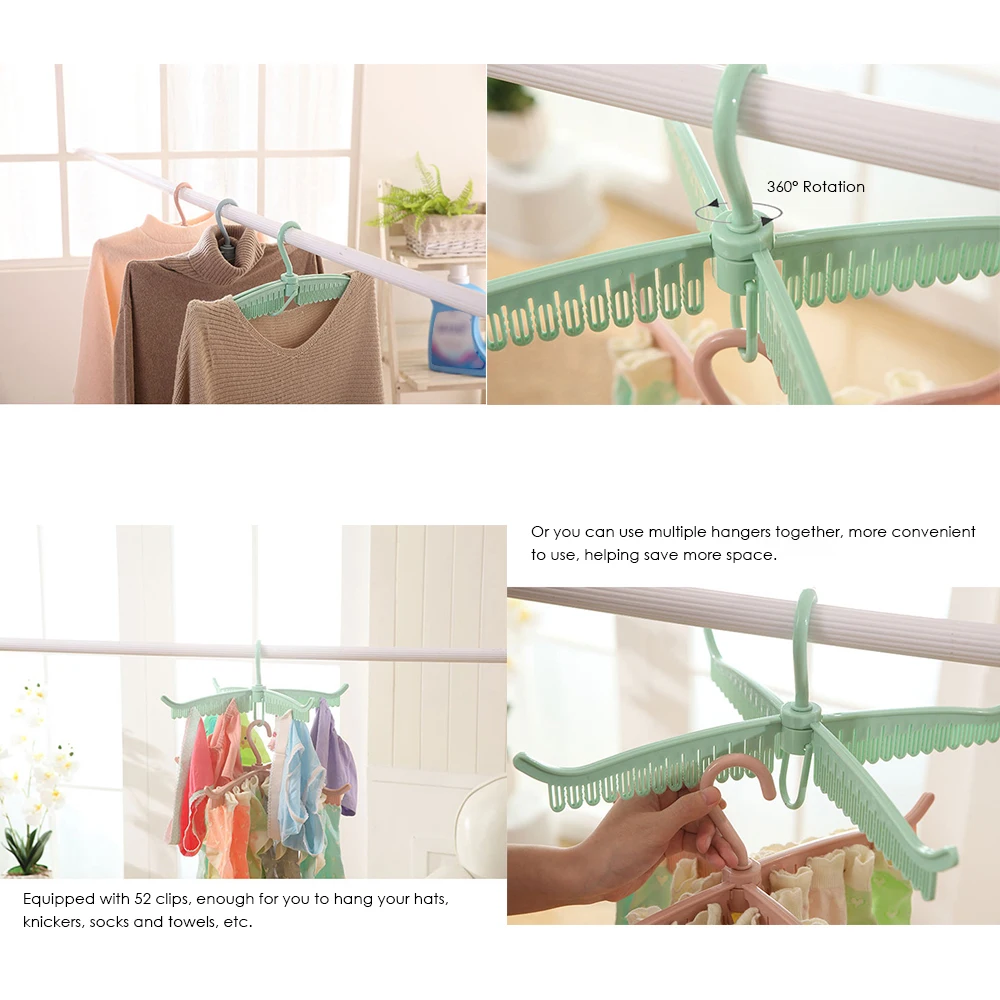 

Multi-functional Clothes Rack Folding Hanger 52 Clips Underwear Socks Drying Rack Airer Free Rotation Hanging Rack Collapsible